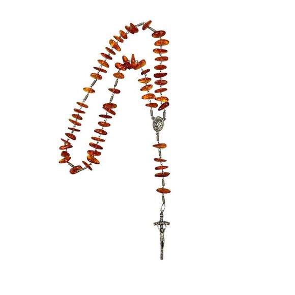 Vintage Amber Catholic Rosary Silver Wire Pocket Prayer Crucifix Jesus Italy - Picture 1 of 6